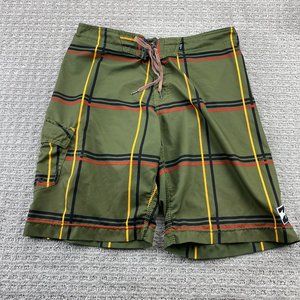 Billabong Swim Trunks Men 34 Green Yellow Red Plaid Short Pants Platinum Stretch